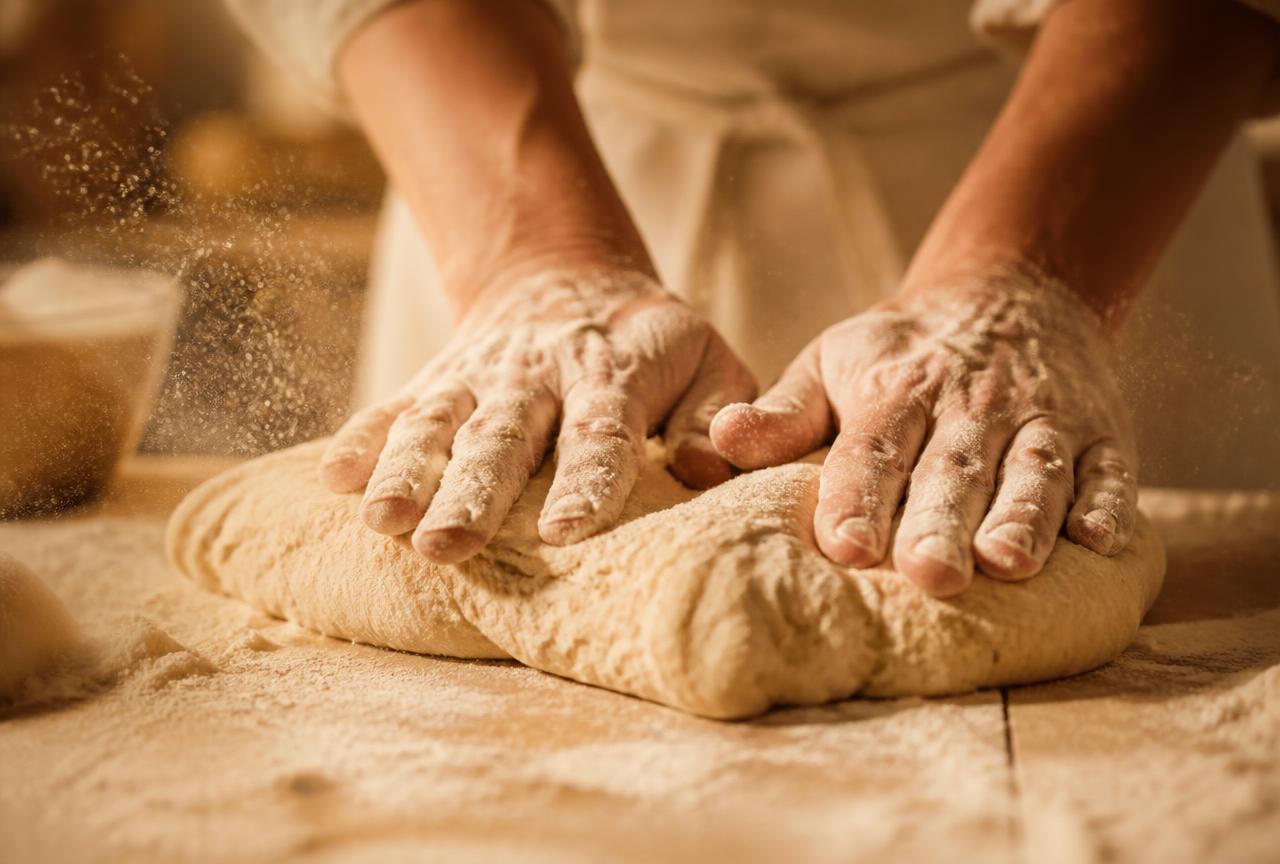 Hands kneading bread dough on a floured wooden board